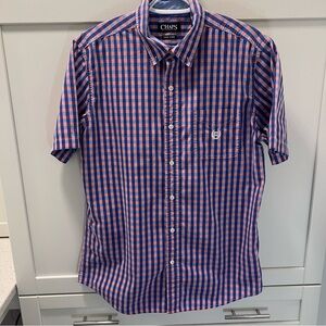 CHAPS Short Sleeved Plaid Dress Shirt Men's Size Medium Coral Blue LIKE NEW